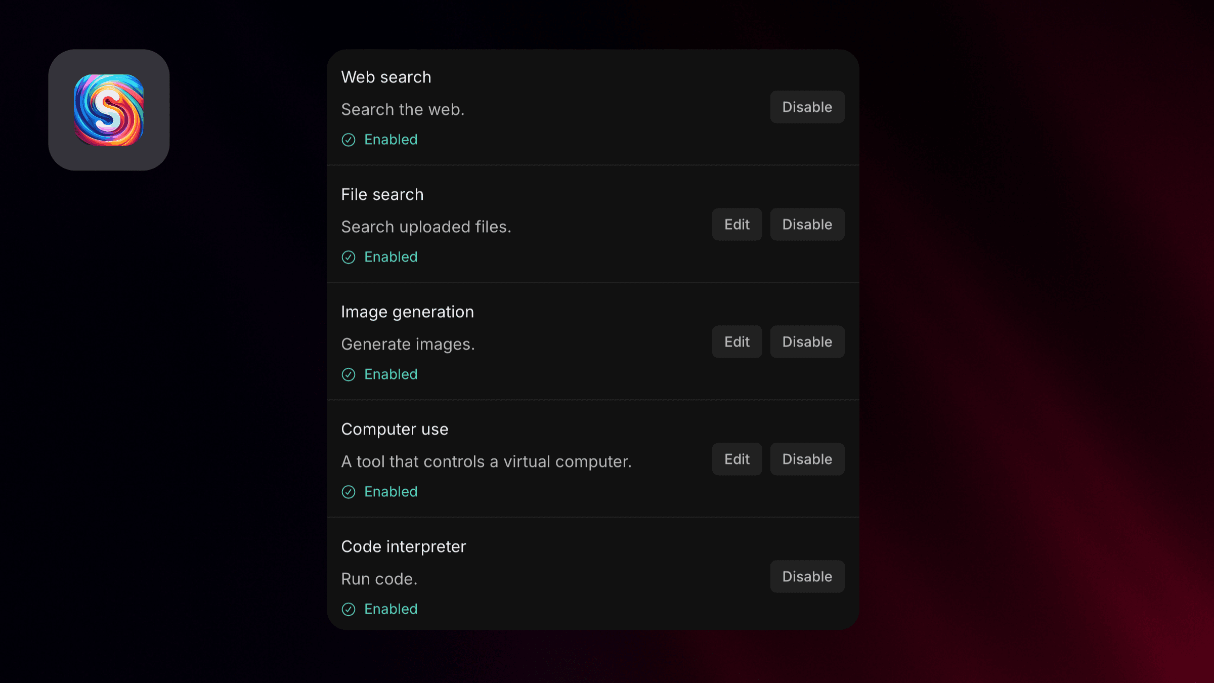 Available tools for assistants using Responses API storage.