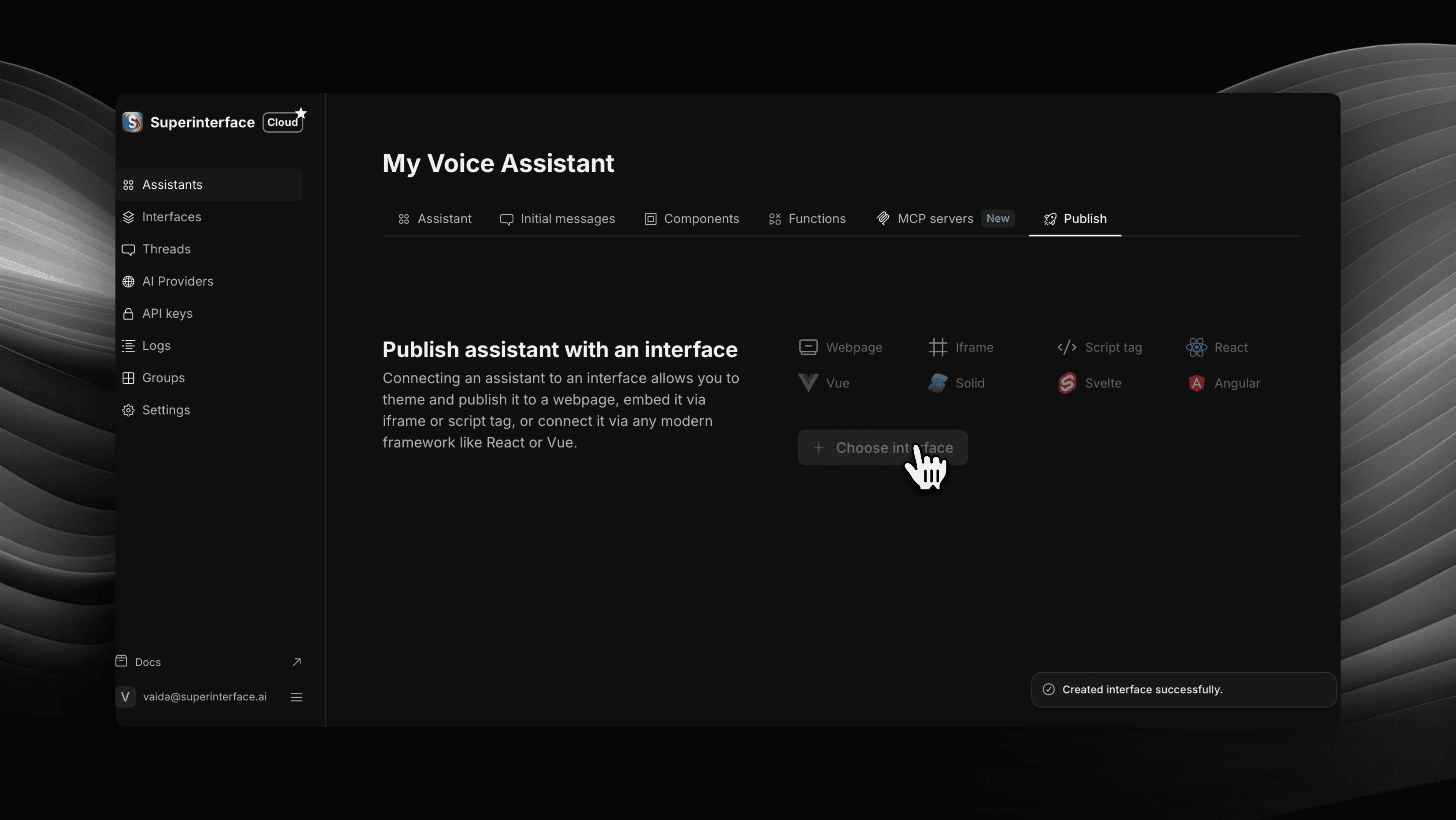 Creating an interface to your realtime voice assistant on Superinterface.